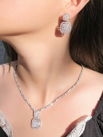 3pcs set Glamorous Cubic Zirconia Square Decor Jewelry Set For Women For Party