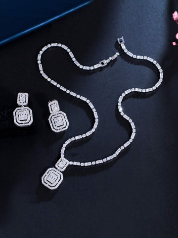 3pcs set Glamorous Cubic Zirconia Square Decor Jewelry Set For Women For Party