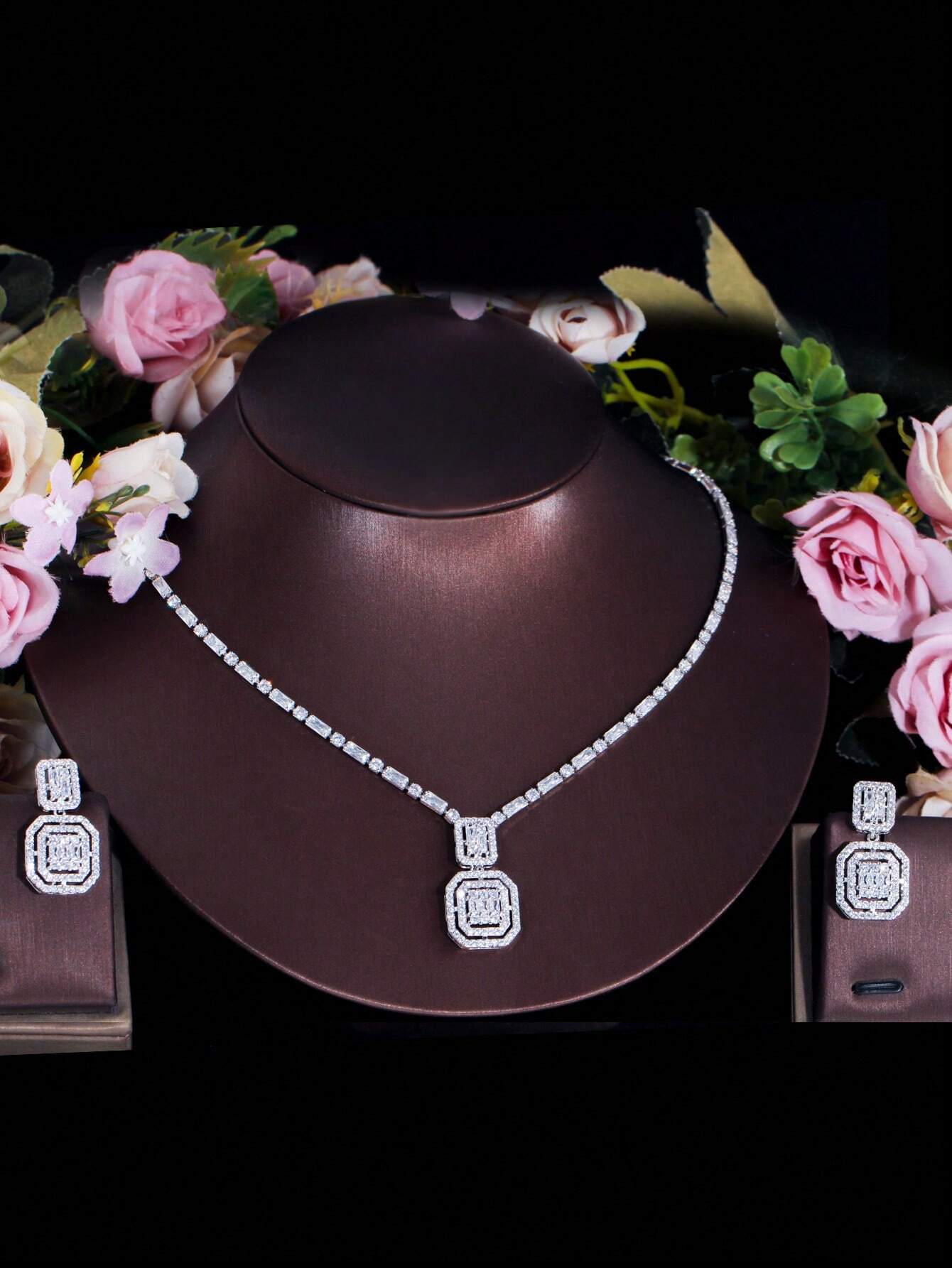 3pcs set Glamorous Cubic Zirconia Square Decor Jewelry Set For Women For Party