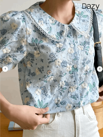 DAZY Floral Embroidery Peter Pan Collar Puff Sleeve Blouse