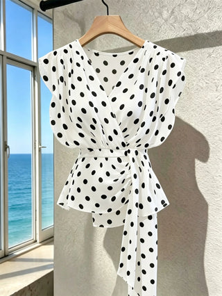 Polka Dot V-Neck High-End Mesh Elegant Sleeveless Blouse