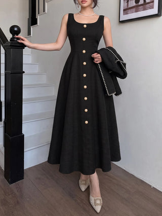 French Sweet Dress With Metal Buckle Waist And A-Line Skirt