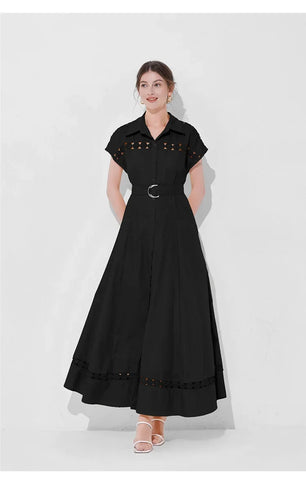 Long A- Line Dress Women's Sleeveless Waist-Cinching Collar Hollow out Cross-Border Maxi Dress