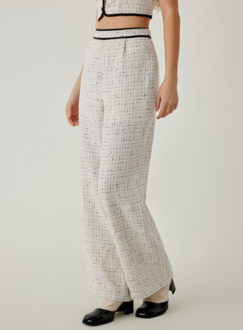 Tweed Middle Waist Contrasting Binding Straight Leg Trousers