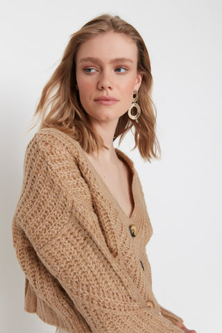 Camel Knitwear Crop Cardigan - Soft Texture and Button Detail