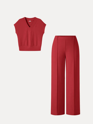V-Neck Short Sleeve Top & Cropped Straight-Leg Pants