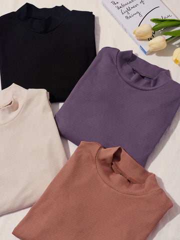 4pcs Ribbed Knit Mock Neck Tee