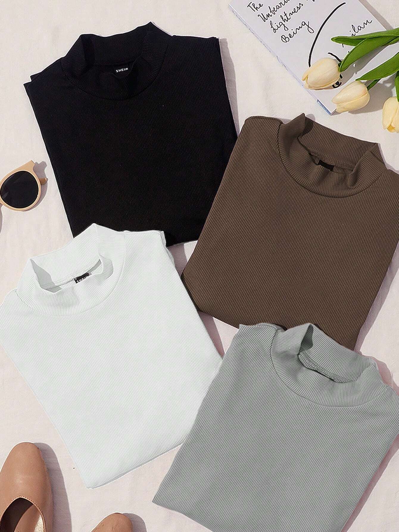 4pcs Ribbed Knit Mock Neck Tee