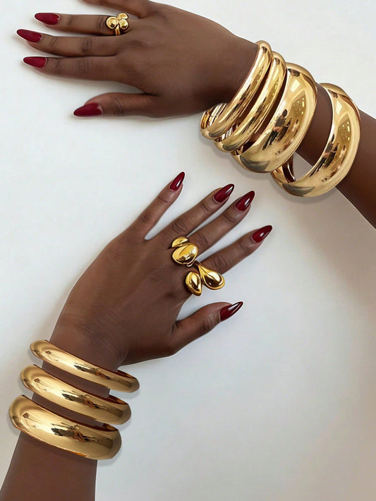 3pcs Vintage Exaggerated Coin Design Metal Gold Bangle Bracelet Set