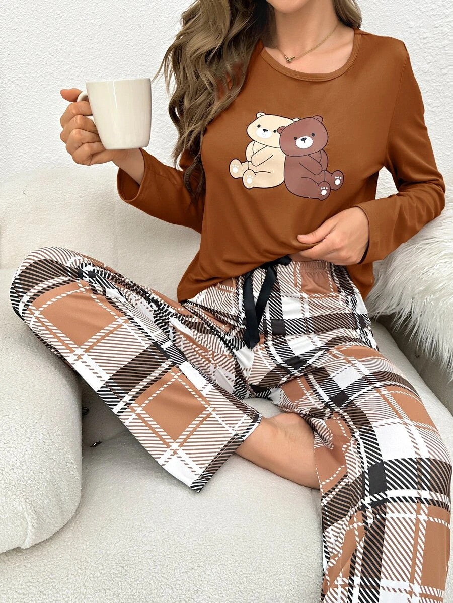 Cartoon Bear Print Tee & Plaid Pants PJ Set