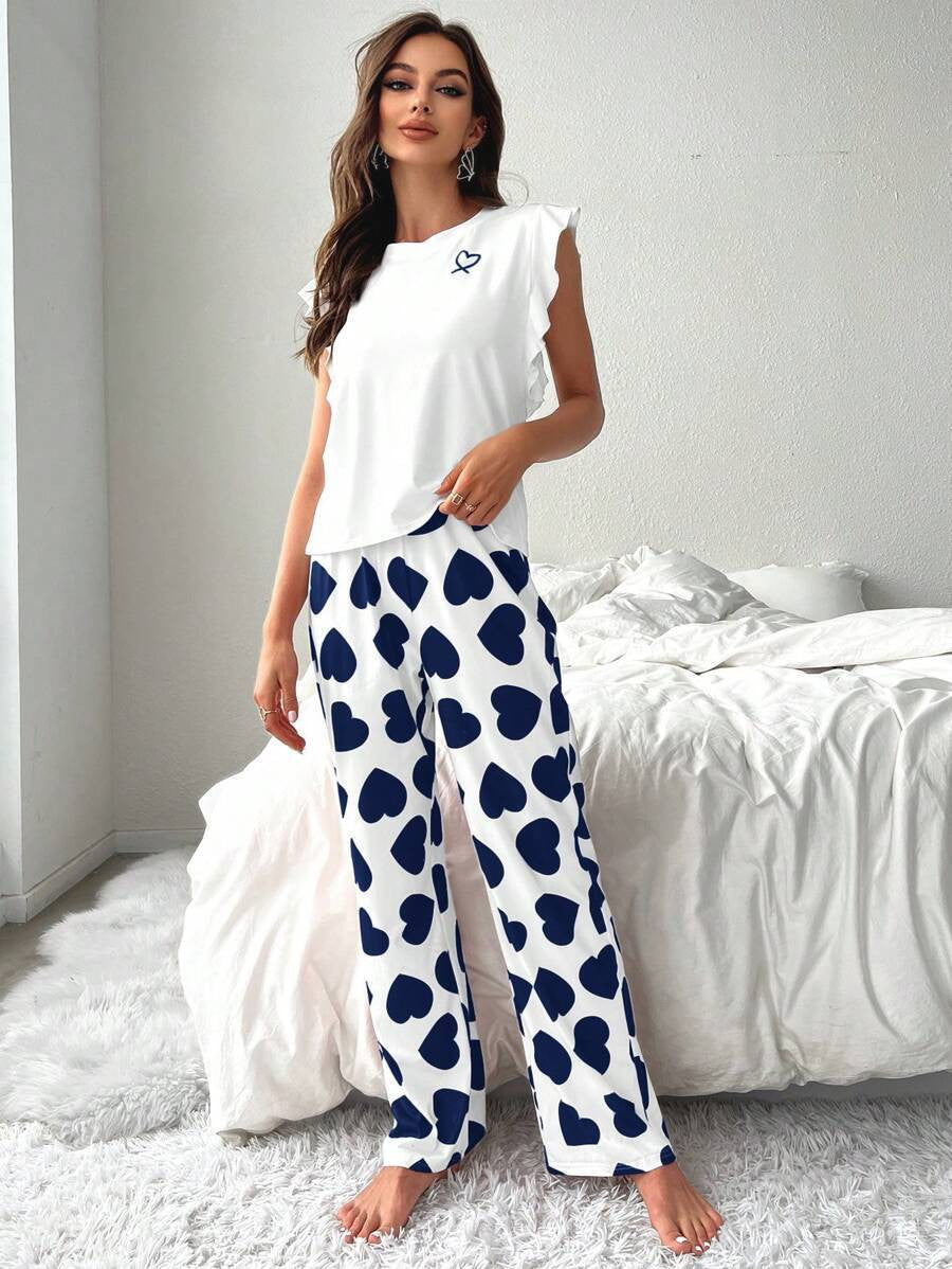 Heart Print Ruffle Trim PJ Set