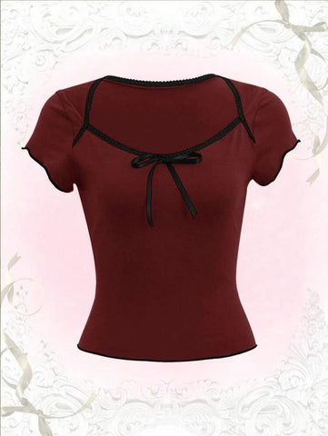 ROMWE Sweetness Contrast Binding Tie Front Tee