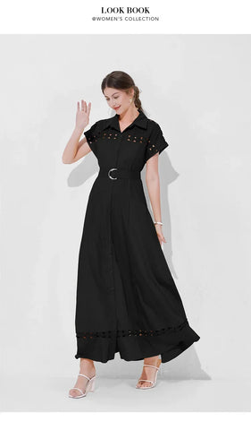 Long A- Line Dress Women's Sleeveless Waist-Cinching Collar Hollow out Cross-Border Maxi Dress