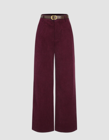 Corduroy Middle Waist Pocket Straight Leg Trousers With Belt