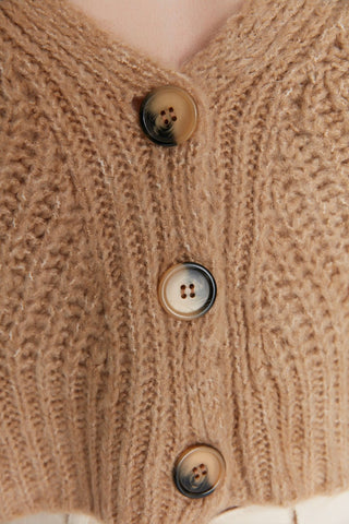 Camel Knitwear Crop Cardigan - Soft Texture and Button Detail