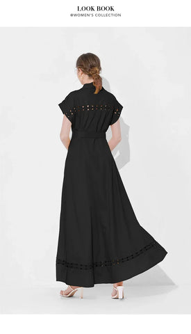 Long A- Line Dress Women's Sleeveless Waist-Cinching Collar Hollow out Cross-Border Maxi Dress