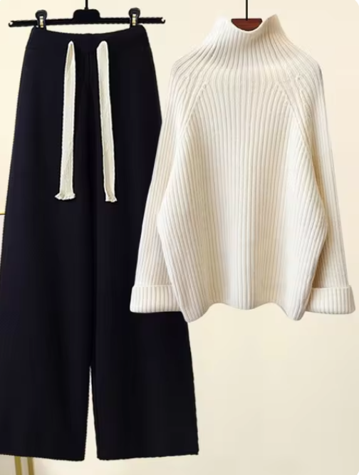 Women Turtleneck Long Sleeve Pullover Sweater+high Waist Wide Leg Drawstring Knitted Pants Sets