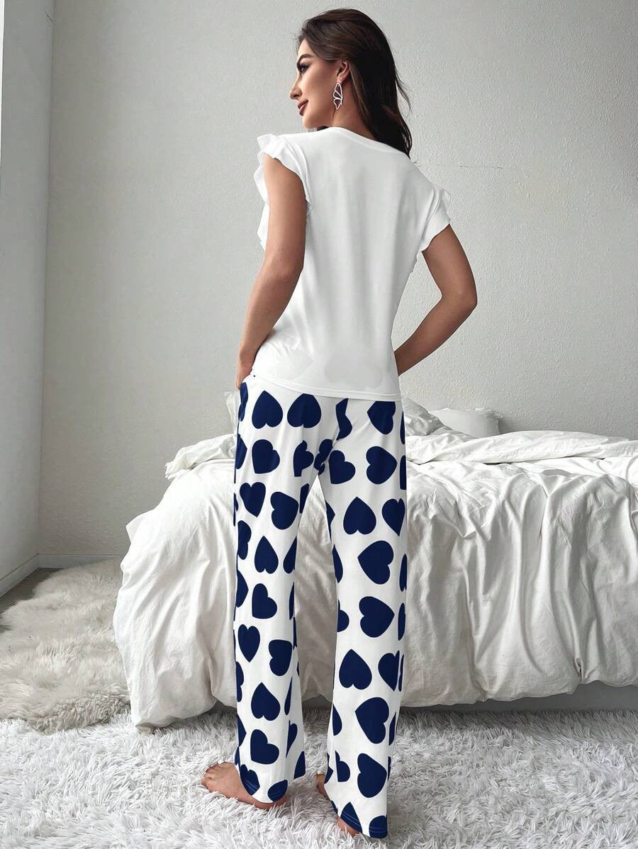 Heart Print Ruffle Trim PJ Set