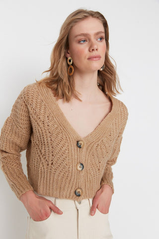 Camel Knitwear Crop Cardigan - Soft Texture and Button Detail