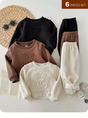 6pcs Baby Boy Knitted Solid Striped Casual Sweatshirt And Pants Set
