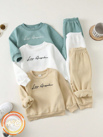 6pcs Baby Boy Knitted Solid Striped Casual Sweatshirt And Pants Set