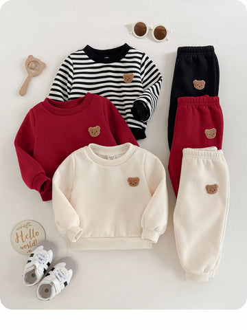 6pcs Baby Boy Knitted Solid Striped Casual Sweatshirt And Pants Set