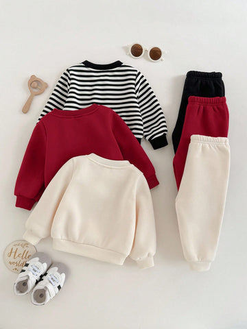 6pcs Baby Boy Knitted Solid Striped Casual Sweatshirt And Pants Set