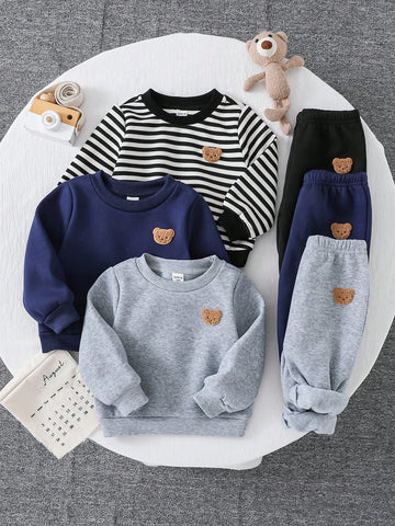 6pcs Baby Boy Knitted Solid Striped Casual Sweatshirt And Pants Set