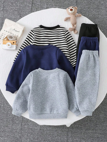 6pcs Baby Boy Knitted Solid Striped Casual Sweatshirt And Pants Set