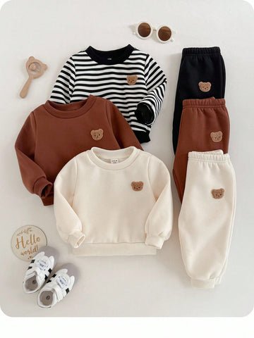 6pcs Baby Boy Knitted Solid Striped Casual Sweatshirt And Pants Set