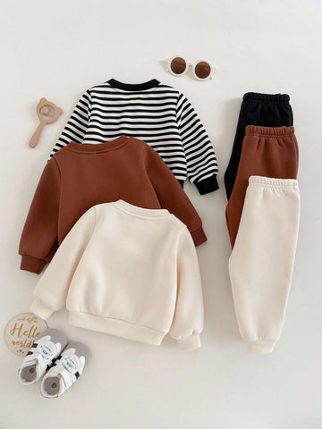 6pcs Baby Boy Knitted Solid Striped Casual Sweatshirt And Pants Set