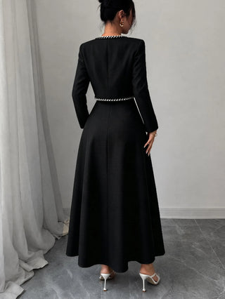 French Sweet Dress With Metal Buckle Waist And A-Line Skirt