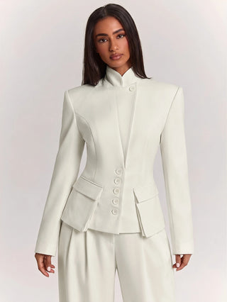 Wide Shoulder Cinched Waist Utility Pocket Decor Short Long Sleeve Blazer