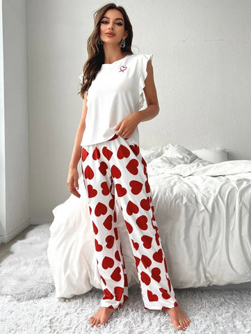 Heart Print Ruffle Trim PJ Set