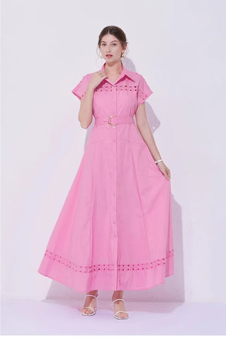 Long A- Line Dress Women's Sleeveless Waist-Cinching Collar Hollow out Cross-Border Maxi Dress