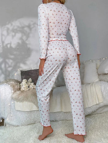 Floral Print Lettuce Trim Bow Front PJ Set