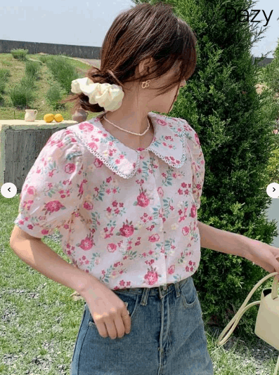 DAZY Floral Embroidery Peter Pan Collar Puff Sleeve Blouse