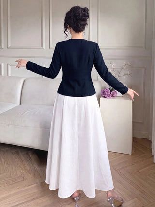 Round Neck Metal Button Jacket Flared Skirt Set