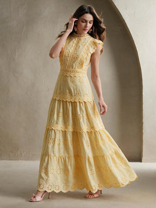 Multi-Layer Lace Stand Collar Cap Sleeve Yellow Dress