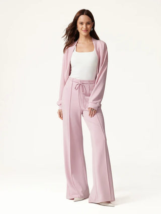 Long Sleeve Drop-Shoulder Cardigan & High-Rise Flare Pants with Pockets