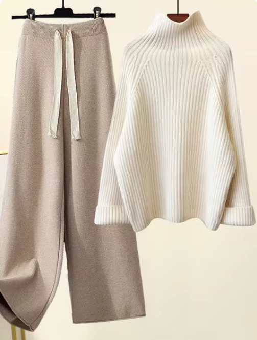 Women Turtleneck Long Sleeve Pullover Sweater+high Waist Wide Leg Drawstring Knitted Pants Sets