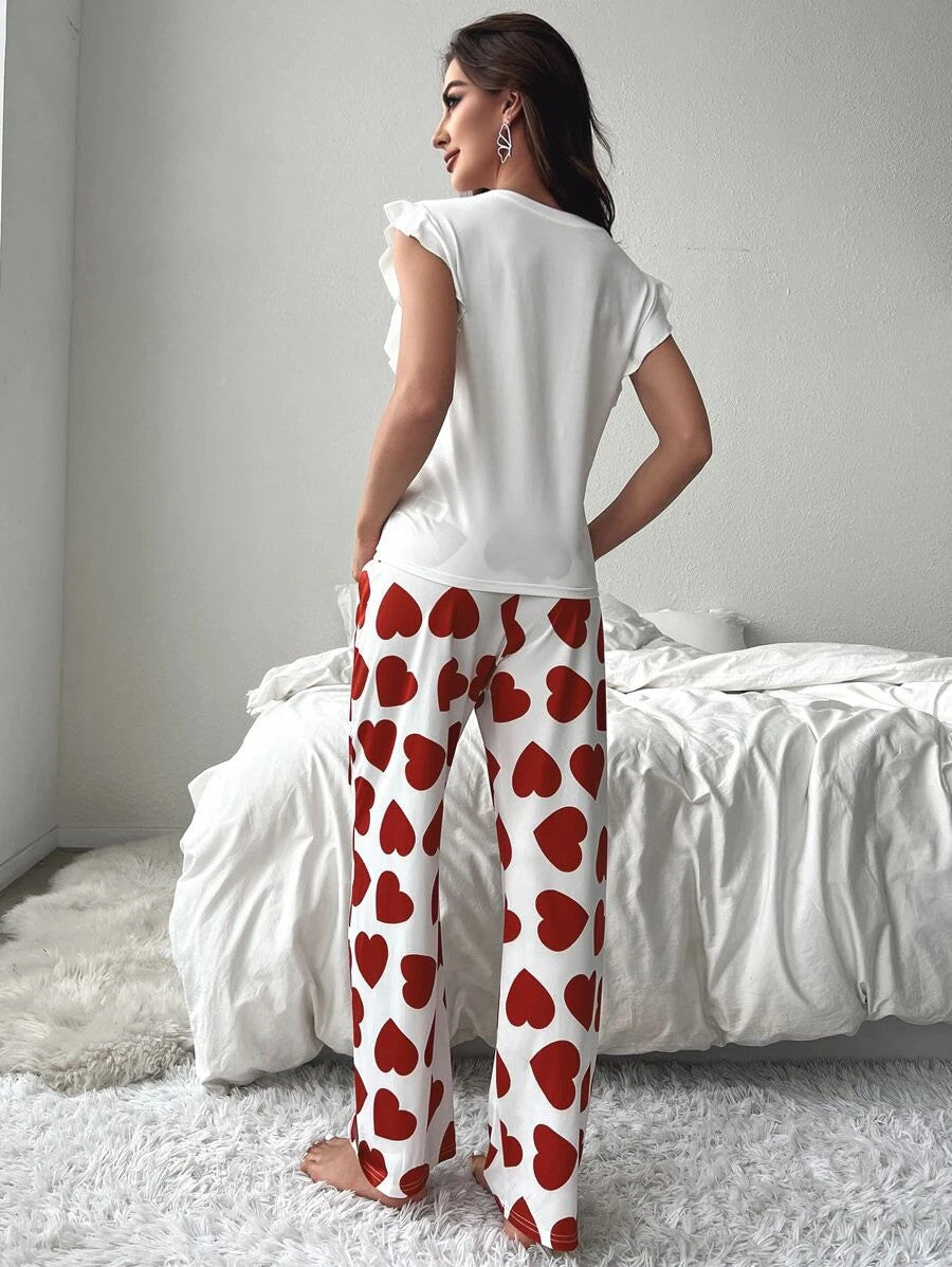 Heart Print Ruffle Trim PJ Set