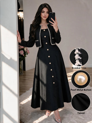 French Sweet Dress With Metal Buckle Waist And A-Line Skirt