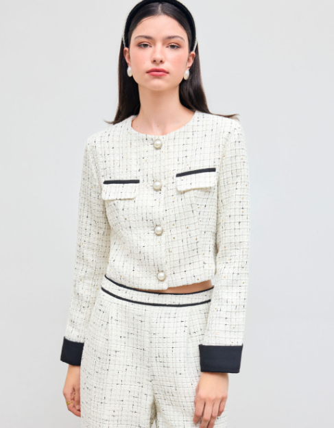 Tweed Round Neckline Faux Pearl Jacket