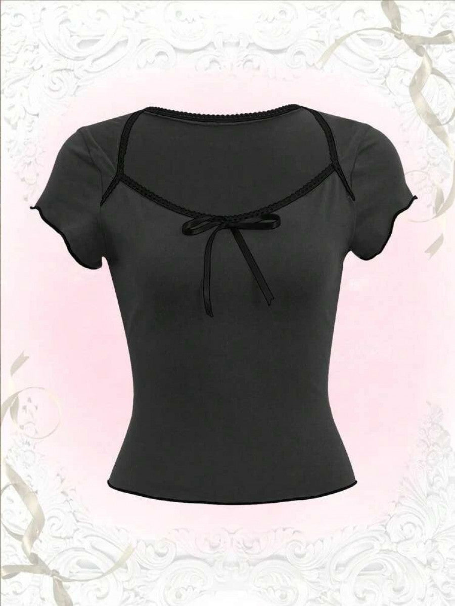 ROMWE Sweetness Contrast Binding Tie Front Tee