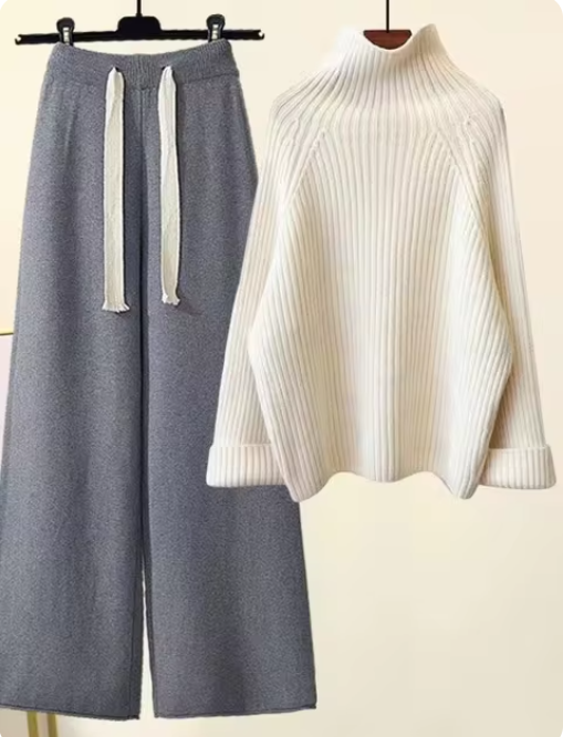 Women Turtleneck Long Sleeve Pullover Sweater+high Waist Wide Leg Drawstring Knitted Pants Sets