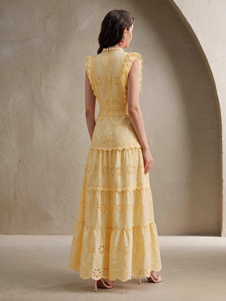 Multi-Layer Lace Stand Collar Cap Sleeve Yellow Dress