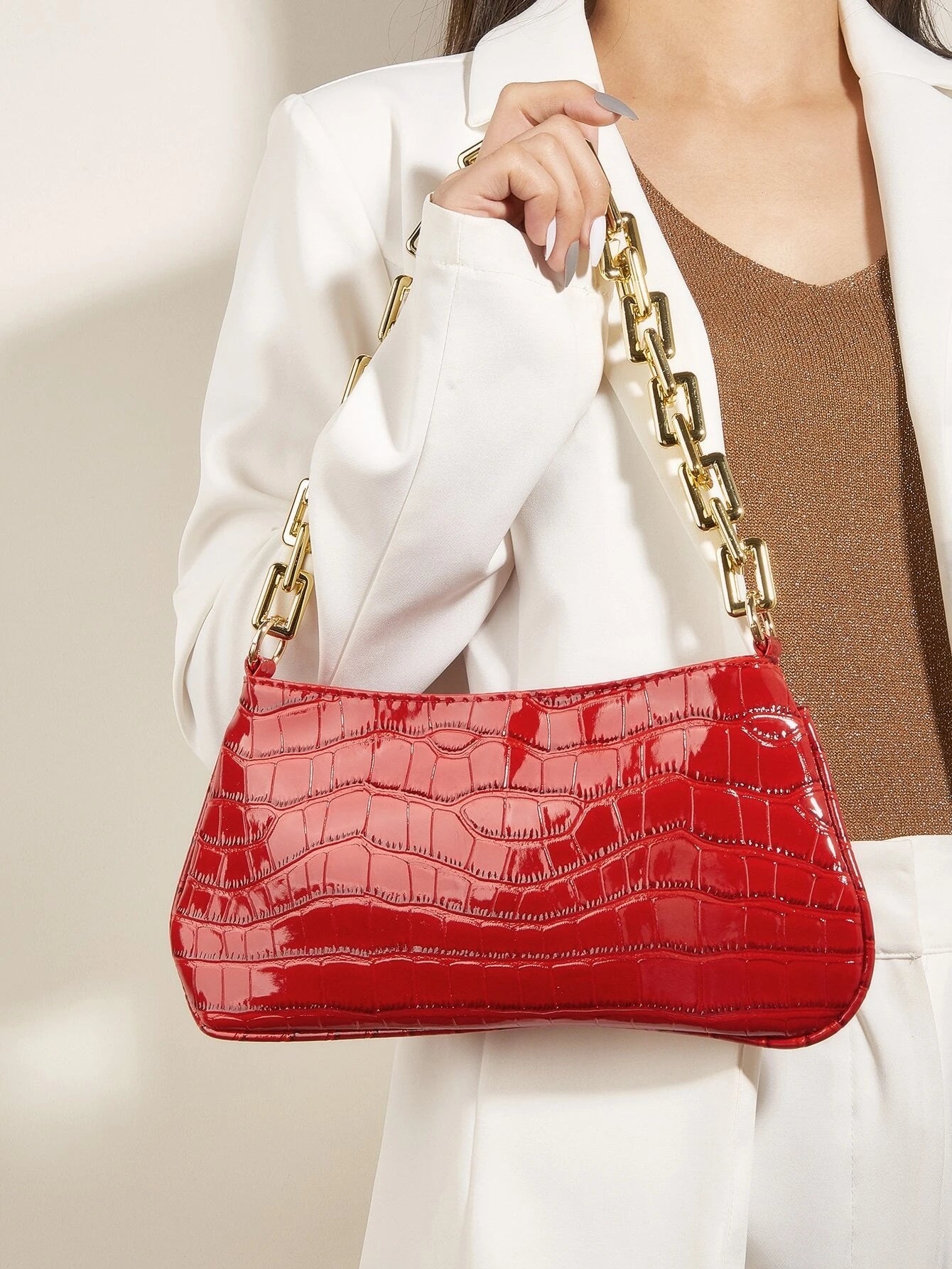 Acrylic Chain Link Crocodile Pattern French Stick Bag Women's Shoulder Bag
