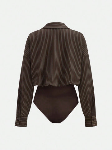 Versatile Striped Print Drop Shoulder Loose Patchwork Pocket Bodysuit