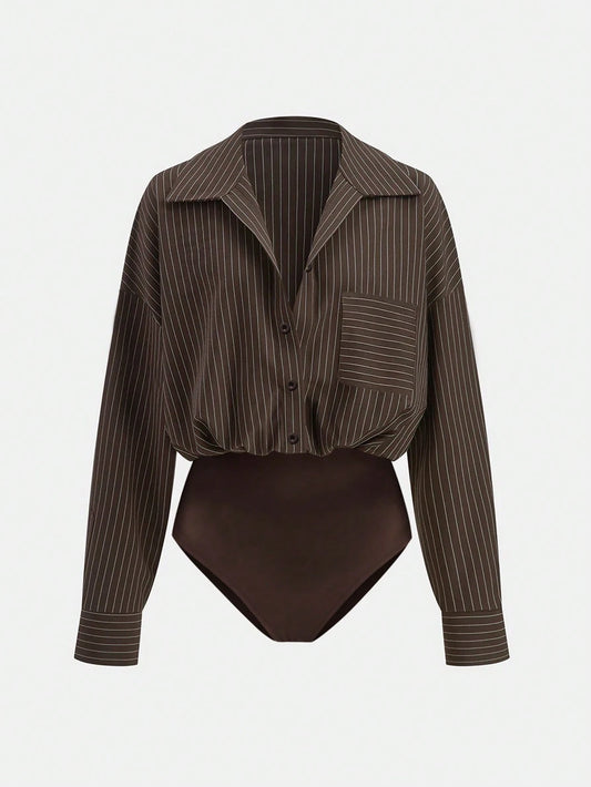 Versatile Striped Print Drop Shoulder Loose Patchwork Pocket Bodysuit